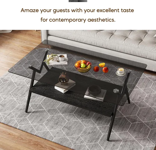 Miniatura 3 de Mesa auxiliar rectangular contemporánea de cristal con patas de metal cruzadas en ángulo para sala de estar, elegante mesa auxiliar de vidrio
