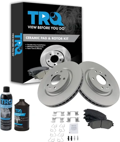 TRQ Kit de pastillas de freno delantero y rotor, kit químico de freno, pastillas de freno de cerámica premium con revestimiento G compatible con