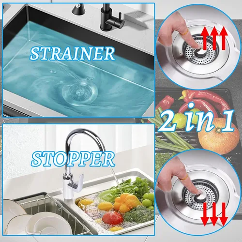Miniatura 2 de Colador de drenaje de fregadero de cocina 3 en 1, tapón universal de acero inoxidable para fregadero de cocina, antiobstrucción para colador de 1