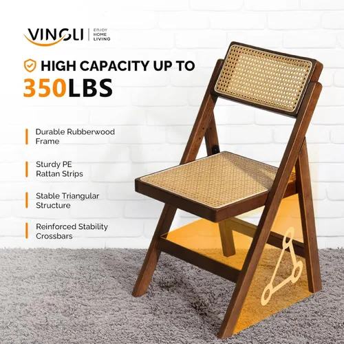 Miniatura 5 de VINGLI Silla de comedor de ratán, silla plegable de madera con respaldo giratorio de 360°, marco de madera de caucho y asiento y respaldo tejidos