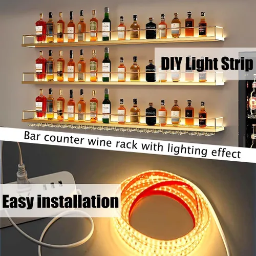 Miniatura 5 de Estante de metal para vino montado en la pared con luces LED, estantes flotantes de bar de 3 niveles con estante para copas de vino, estante grande