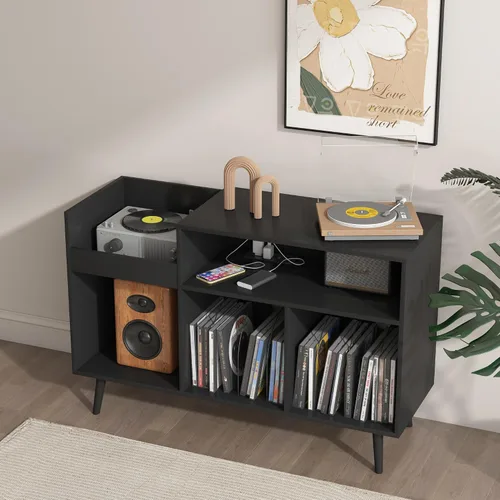 Miniatura 5 de Soporte para tocadiscos, armario de almacenamiento de discos de vinilo con toma de corriente, capacidad para hasta 350 álbumes, mesa de soporte