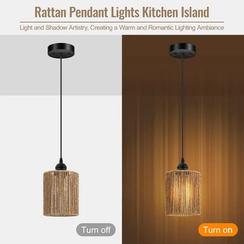 Miniatura 4 de BoostArea Luces Colgantes de Ratán para Isla de Cocina, Candelabro de Estilo Rústico con Pantalla de Mimbre Tejida a Mano, Luz Colgante Bohemia