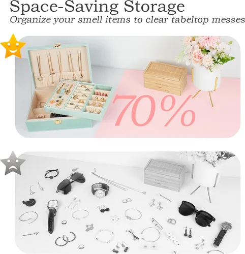 Miniatura 4 de Joyero organizador de 2 capas para mujeres y niñas, estuche de almacenamiento para aretes, anillos, collares, regalo para mujeres (verde)