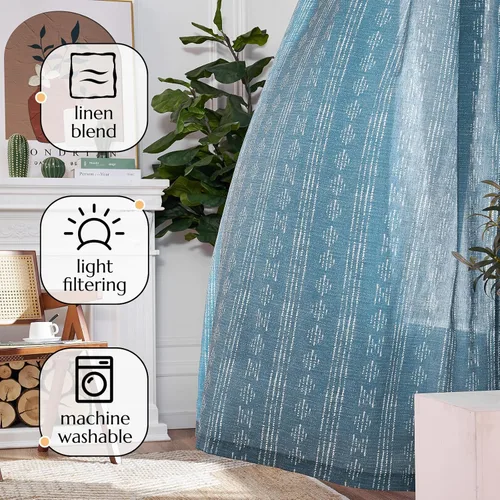 Miniatura 7 de Vangao Cortinas bohemias con estampado de rayas azules, cortinas de granja de 96 pulgadas de largo, 2 paneles de cortinas de mezcla de lino