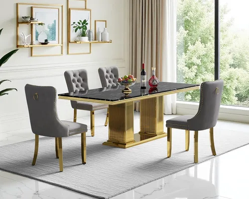 Miniatura 35 de Juego de mesa de comedor de mármol para 4, mesa de cocina rectangular de mármol negro de 68 pulgadas con base en H de acero inoxidable dorado, juego