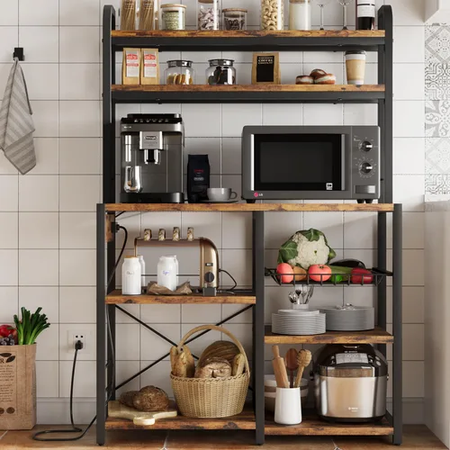 Miniatura 8 de GAOMON Estante para panaderos con toma de corriente, estante de cocina con cesta de alambre, soporte para microondas con grandes estantes