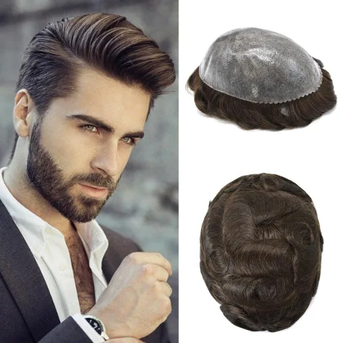 Miniatura 24 de Sistema de cabello humano tipo tupé para hombre, tupé gris, piezas de cabello completo de poliéster para hombres, tupé de inyección de poliuretano