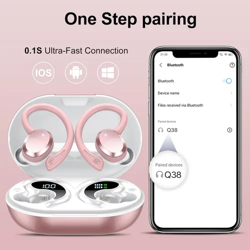 Miniatura 7 de sprtoybat Auriculares sobre la oreja con gancho, auriculares inalámbricos deportivos Bluetooth 5.4 2026, pantalla LED de 68 horas de reproducción