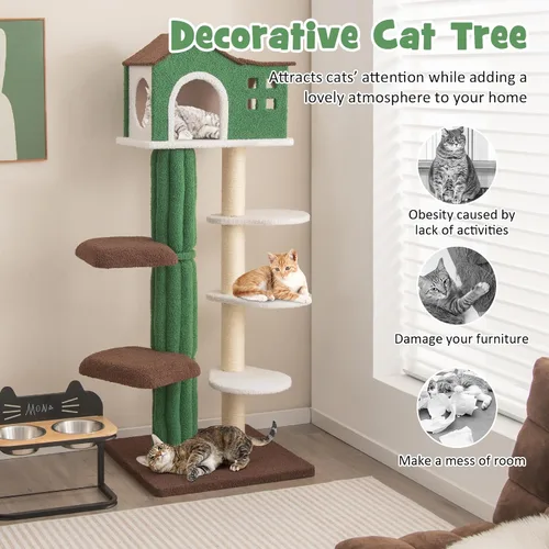Miniatura 8 de Tangkula Árbol alto para gatos de interior, torre moderna de 7 niveles y 61 pulgadas con postes rascadores de sisal, condominio superior, tela