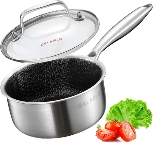 Miniatura 10 de DELARLO Cacerola de Acero Inoxidable Tri-Capa para Todo el Cuerpo de 3 Cuartos con Tapa, Apta para Horno 600℉, Sartén Saucier Resistente de 3
