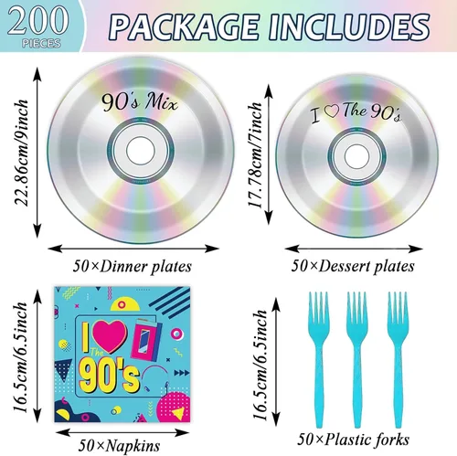 Miniatura 2 de 200 piezas de platos para fiesta de los 90, servilletas, juego de vajilla de CD mix de los 90 para decoración de fiesta temática retro de los 90