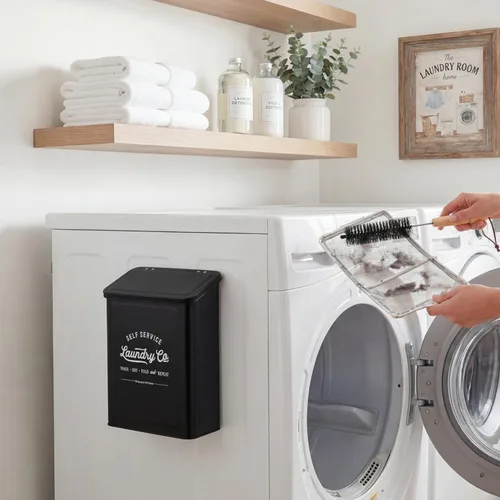 Miniatura 6 de MONJITA Contenedor magnético de pelusa para cuarto de lavado, cubo de basura de pelusa montado en la pared con tapa para secadora, organización