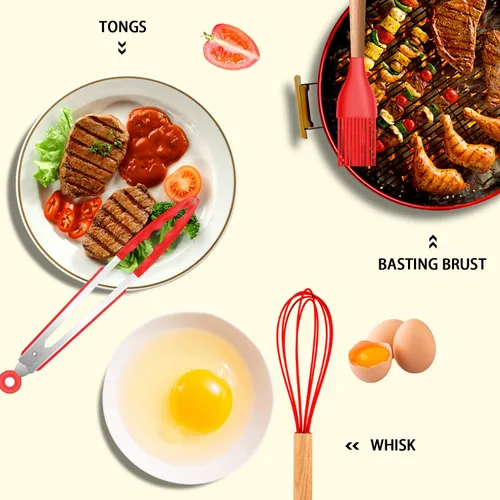 Miniatura 4 de MIBOTE Juego de utensilios de cocina de silicona, resistente a 230 °C, pinzas para voltear, espátula, cuchara, batidor, mango de madera, juego