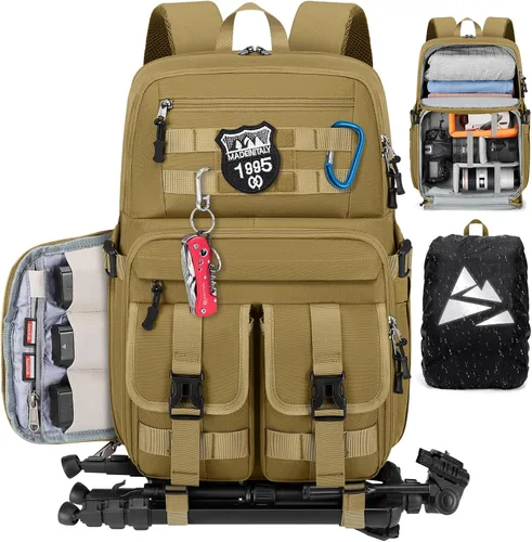 Miniatura 9 de RAINSMORE Mochila para cámara DSLR/SLR/SLR/sin espejo, para fotógrafos, 15.6 pulgadas, impermeable, funda táctica para fotografía con cubierta