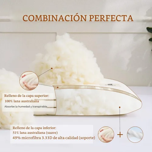 Miniatura 2 de YOUR MOON Almohada suave de lana orgánica tamaño Queen, almohada de lana plana y fina para dormir, almohadas de cama bajas para dormir de espalda