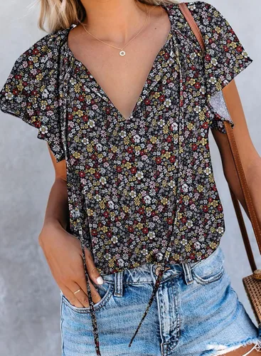 Miniatura 2 de SimpleFun Blusa de verano de manga corta con cuello en V floral para mujer