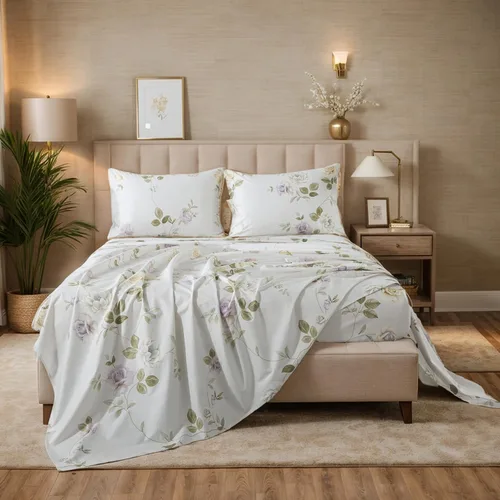 Miniatura 55 de FADFAY Juego de sábanas tamaño King, 100% algodón, elegante ropa de cama de granja con hojas verdes menta y flores blancas, sábana suave