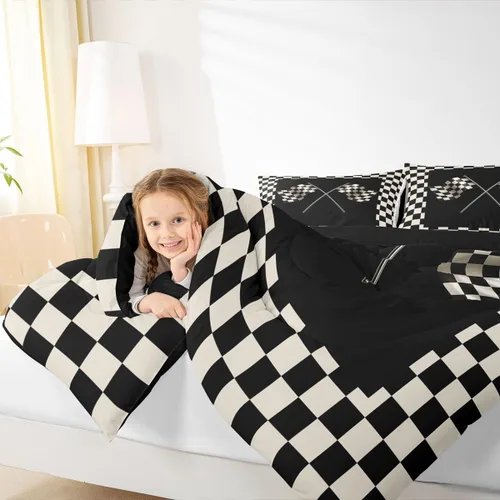 Miniatura 5 de Castle Fairy Juego de edredón con bandera a cuadros en blanco y negro para niños, niñas, mujeres y adultos, edredón con temática de carreras, juego