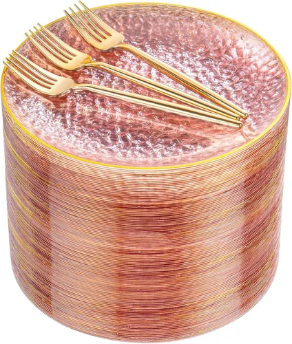 Miniatura 16 de DaYammi 240 platos de plástico negro que incluyen 120 platos de postre negros y 120 tenedores dorados, plato de fiesta martillado, platos