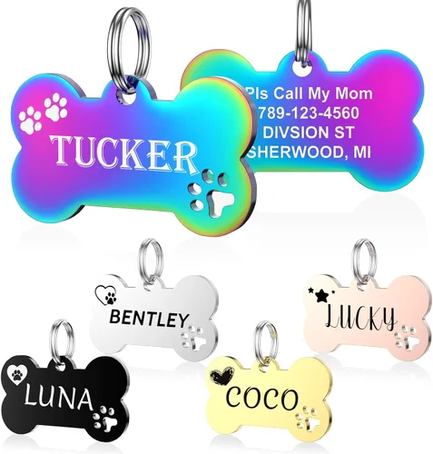 Miniatura 10 de YEHANTI Etiquetas de perro personalizadas grabadas para mascotas, placa de acero inoxidable personalizada para perros y gatos con varios iconos Hueso