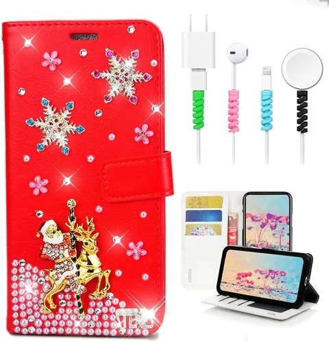 Miniatura 8 de Bling - Funda tipo cartera para teléfono compatible con Samsung Galaxy S21 Ultra, elegante, hecha a mano en 3D, diseño de árbol de Navidad, alce