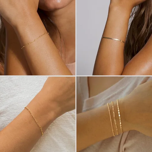 Miniatura 7 de MBW Pulseras de oro para mujer, juego de joyas chapadas en oro real de 14 quilates para mujer, a la moda, impermeables, apilables, delgadas