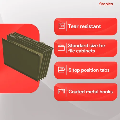 Miniatura 4 de Staples Carpetas colgantes para archivos, tamaño carta, pestañas de corte de 1/5, verde estándar, incluye pestañas e insertos de papel, paquete