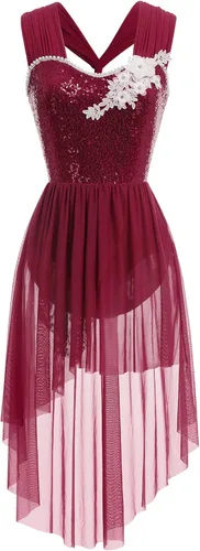 Miniatura 4 de ODASDO Vestido de baile lírico para mujeres adultas, moderno, contemporáneo, con lentejuelas, tul de malla, falda alta y baja, ropa de baile