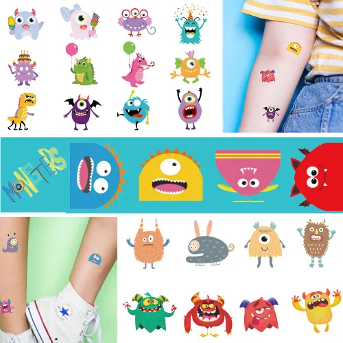 Ooopsi Monster - Tatuajes temporales para niños, más de 120 tatuajes, lindos tatuajes de dibujos animados para niños y niñas, decoración de fiesta