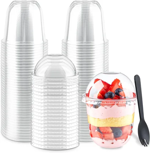 Zezzxu Paquete de 50 Vasos de Postre de Plástico de 12 oz con Tapas de Cúpula (Sin Agujero) y Cucharas-Tenedor, Vasos de Fruta Desechables