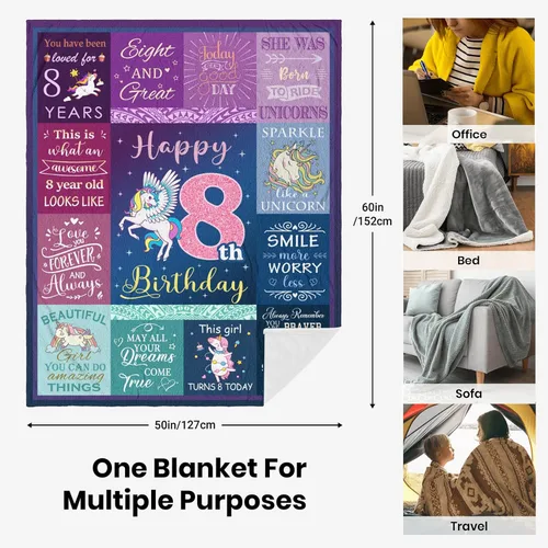 Miniatura 7 de Solzien Manta de ideas de regalo de cumpleaños para niña de 8 años, 60 x 50 pulgadas, decoraciones de cumpleaños de 8 años, regalos para niña de 8