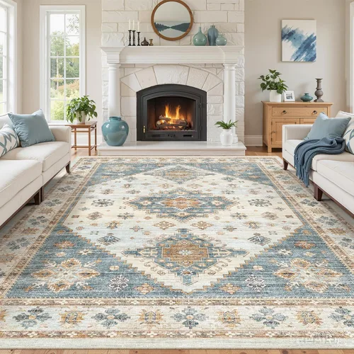 Miniatura 14 de Roxstand Alfombras de 2,44 x 3,05 m para sala de estar, alfombra vintage lavable con respaldo antideslizante, alfombra grande resistente a manchas