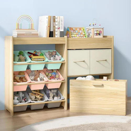 Miniatura 11 de EXPERLAM Organizador de almacenamiento de juguetes con soporte para animales de peluche, estante de juguetes de madera maciza para niños con 2