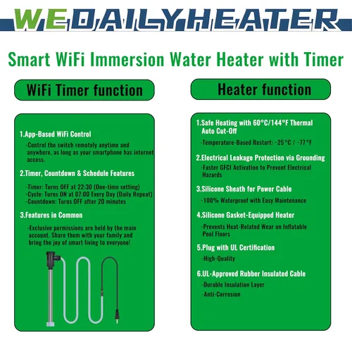 Miniatura 2 de Calentador de agua de inmersión de 1800 W para piscina y bañera de hidromasaje, calentador eléctrico portátil totalmente sumergible con temporizador