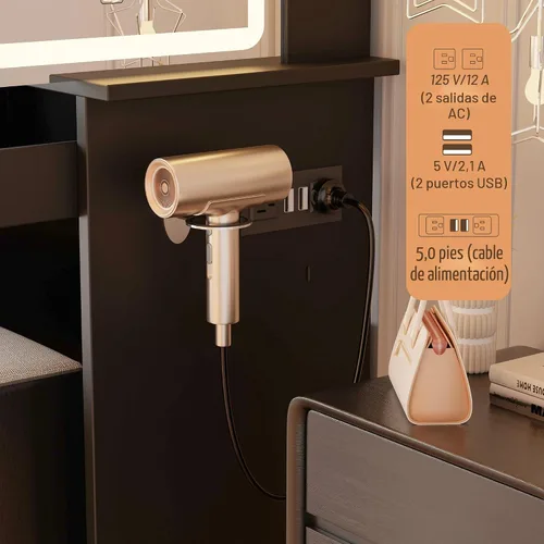 Miniatura 5 de Escritorio de tocador con espejo y luces LED, juego de tocador de maquillaje con toma de corriente y taburete, almacenamiento de joyas, escritorio