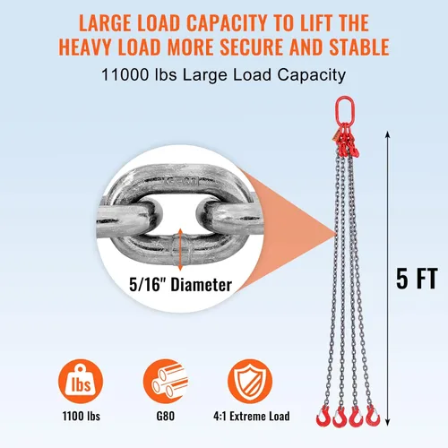 Miniatura 3 de VEVOR Eslinga de cadena, cadenas de elevación de 5/16 pulgadas x 5 pies con ganchos, elevadores de cadena de motor G80, cadenas de elevación