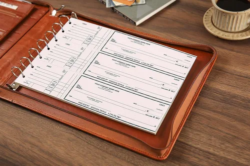 Miniatura 7 de Cuaderno de cheques personalizado de cuero para negocios, carpeta de 7 anillos grabada con soporte para libro de cheques para 3 por página, Marrón