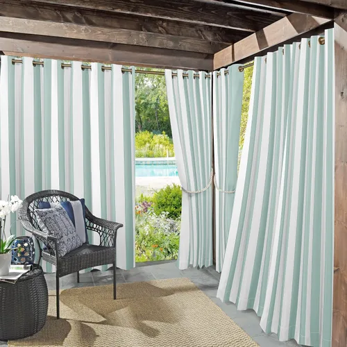 Miniatura 19 de Par de paneles de cortina con ojales Sun Zero Valencia estilo cabaña a rayas para interior/exterior con protección UV y eficiencia energética