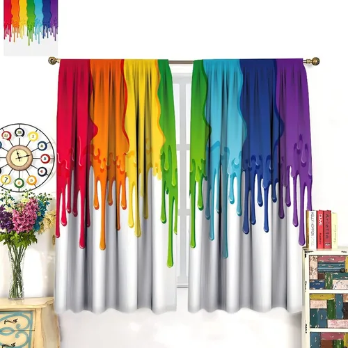 Miniatura 3 de Cortinas opacas abstractas de arco iris, pintura de color arcoíris con gotas, diseño gráfico creativo con bolsillo para barra, para sala de estar