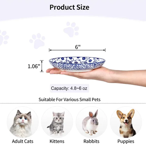 Miniatura 3 de Selamica Cuencos de cerámica para gatos, 6 pulgadas de ancho, cuencos poco profundos para aliviar la fatiga de los bigotes, juego de 6, color azul