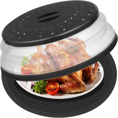12" Cubierta para microondas y esterilla, tapa grande con ventilación plegable para evitar salpicaduras, placa de cocina redonda de silicona Gris