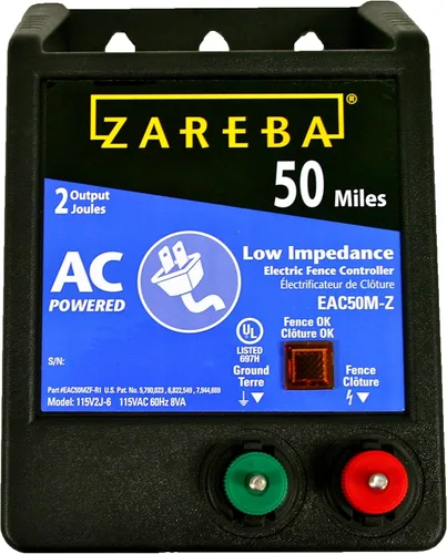 Miniatura 2 de Zareba EAC50M-Z - Cargador eléctrico de valla de baja impendencia alimentado por CA – Energizador eléctrico de 50 millas para cerca, contiene