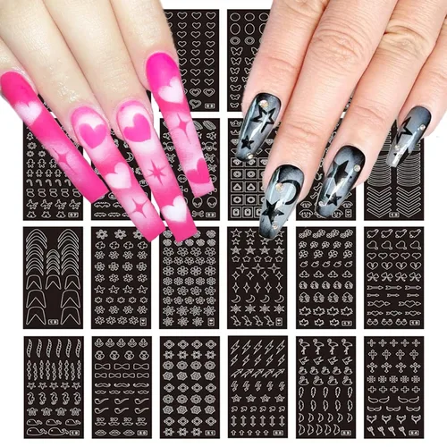 24 hojas de plantillas de aerógrafo, calcomanías de uñas para arte de uñas, calcomanías de uñas francesas, plantilla de impresión, herramienta de
