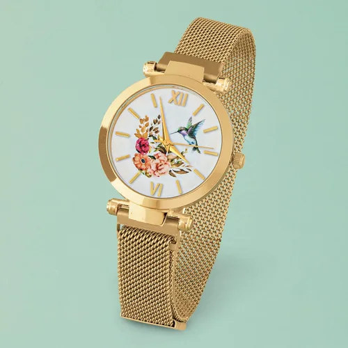 Miniatura 2 de Collections Etc Reloj magnético ajustable con banda de malla de colibrí, Oro, Moderno