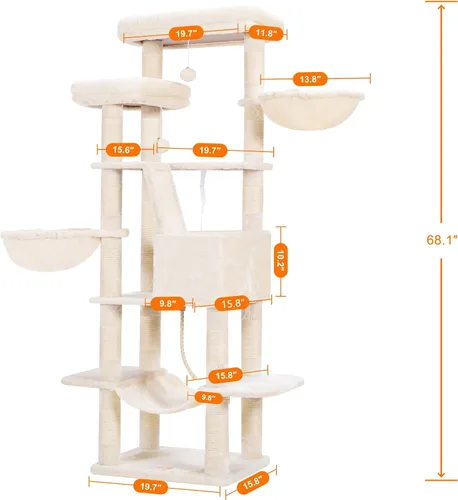 Miniatura 3 de Heybly Árbol para Gatos, Torre para Gatos Multinivel de 68 Pulgadas para Gatos de Interior, Condominio para Gatos con 2 Perchas de Felpa Ensanchadas