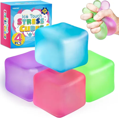 Paquete de 4 Cubos Antiestrés, Pelotas Antiestrés con Forma de Cubo de Hielo de Elevación Lenta para Adultos y Niños, Juguete Sensorial Fidget para