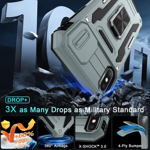 Miniatura 322 de DEERLAMN Funda para iPhone Xs Max con funda deslizante para cámara + protector de pantalla, soporte giratorio de anillo de grado militar a prueba