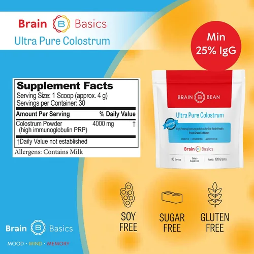 Miniatura 4 de Brain Basics Calostro ultra puro, 4000 mg por porción, mínimo 25% de anticuerpos IgG, salud intestino-cerebro-inmune, cabello y piel brillantes.