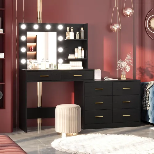 Miniatura 3 de GarveeHome Escritorio de maquillaje de 61 pulgadas con espejo y luces, tocador negro con 8 cajones de almacenamiento anchos y estantes de 2 niveles